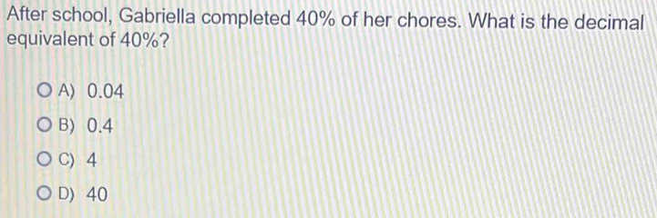 After school, Gabriella completed 40% of her chores. What is the decimal
equivalent of 40%?
A) 0.04
B) 0.4
C) 4
D) 40