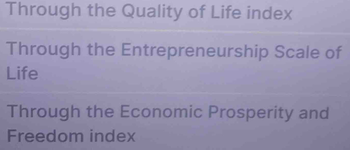 Through the Quality of Life index 
Through the Entrepreneurship Scale of 
Life 
Through the Economic Prosperity and 
Freedom index