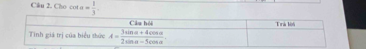 Cho cot alpha = 1/3 .