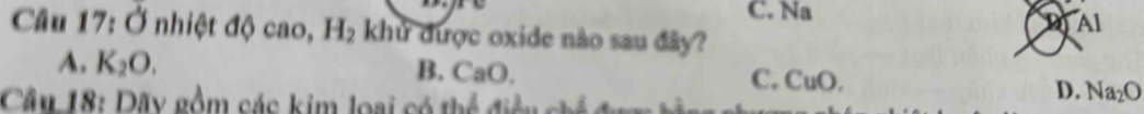 C. Na
Al
Câu 17: d nhiệt độ cao, H_2 khử được oxide nào sau đây?
A. K_2O. B. CaO. C. CuO. 
Cầu 18: Dãy gồm các kim loại có thể điều chế đưc b
D. Na_2O