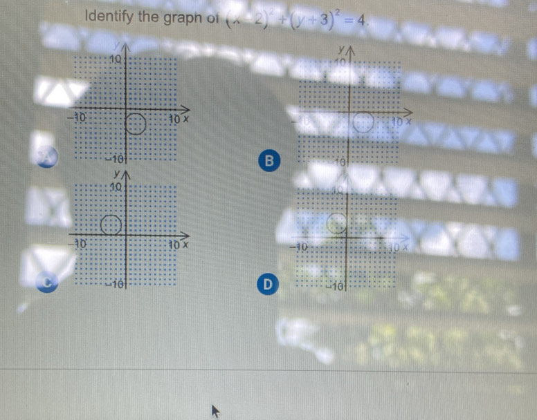 Identify the graph of (x-2)^2+(y+3)^2=4. 
B 

D