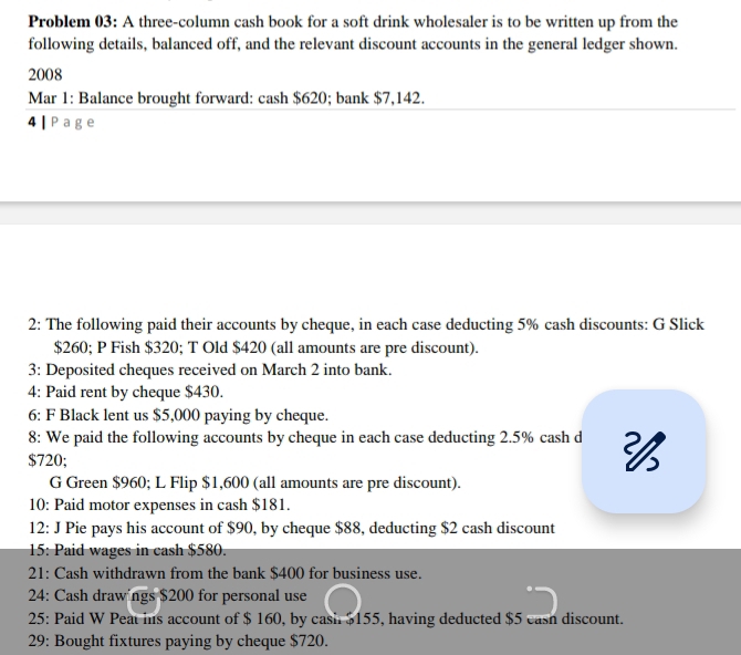 Problem 03: A three-column cash book for a soft drink wholesaler is to be written up from the 
following details, balanced off, and the relevant discount accounts in the general ledger shown. 
2008 
Mar 1: Balance brought forward: cash $620; bank $7,142. 
4 | Page 
2: The following paid their accounts by cheque, in each case deducting 5% cash discounts: G Slick
$260; P Fish $320; T Old $420 (all amounts are pre discount). 
3: Deposited cheques received on March 2 into bank. 
4: Paid rent by cheque $430. 
6: F Black lent us $5,000 paying by cheque. 
8: We paid the following accounts by cheque in each case deducting 2.5% cash d
$720; 
G Green $960; L Flip $1,600 (all amounts are pre discount). 
10: Paid motor expenses in cash $181. 
12: J Pie pays his account of $90, by cheque $88, deducting $2 cash discount 
15: Paid wages in cash $580. 
21: Cash withdrawn from the bank $400 for business use. 
24: Cash drawings $200 for personal use 
25: Paid W Peat hs account of $ 160, by cash $155, having deducted $5 cash discount. 
29: Bought fixtures paying by cheque $720.