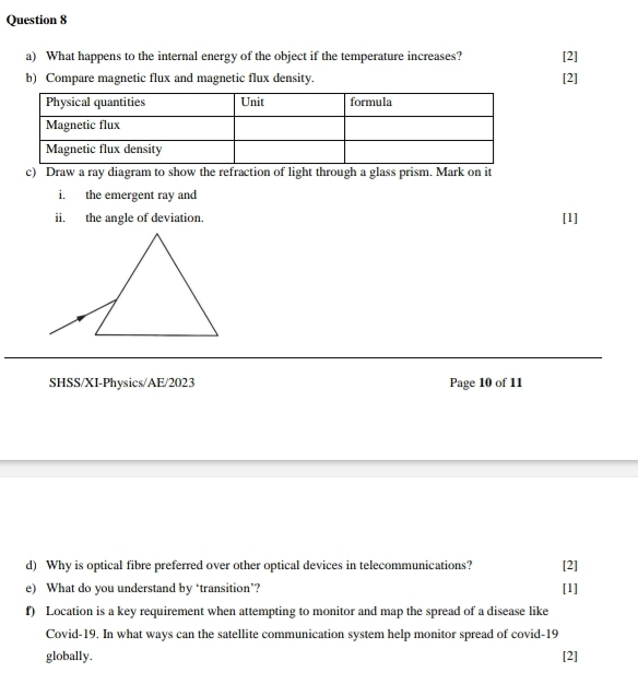 What happens to the internal energy of the object if the temperature increases? [2] 
b) Compare magnetic flux and magnetic flux density. [2] 
c) Draw a ray diagram to show the refraction of light through a glass prism. Mark on it 
i. the emergent ray and 
ii. the angle of deviation. [1] 
SHSS/XI-Physics/AE/2023 Page 10 of 11 
d) Why is optical fibre preferred over other optical devices in telecommunications? [2] 
e) What do you understand by ‘transition’? [1] 
f) Location is a key requirement when attempting to monitor and map the spread of a disease like 
Covid-19. In what ways can the satellite communication system help monitor spread of covid-19 
globally. [2]