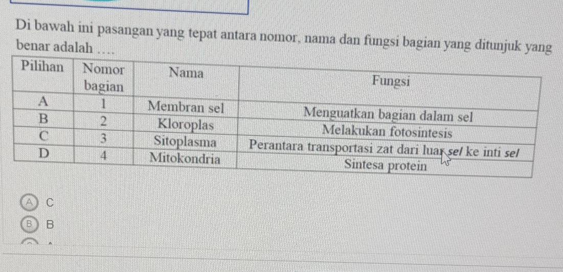 Di bawah ini pasangan yang tepat antara nomor, nama dan fungsi bagian yang ditunjuk yang
benar adalah …
A C
B B