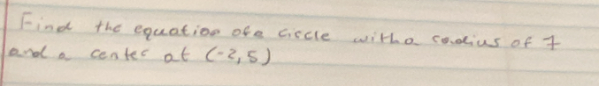 Find the equation ofe ciccle witho cadius of f 
and a center at (-2,5)