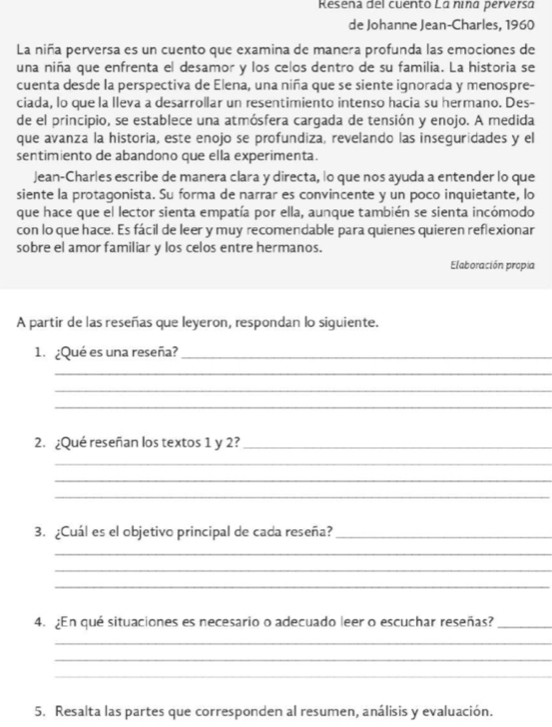 Resena del cuento La nina perversa 
de Johanne Jean-Charles, 1960 
La niña perversa es un cuento que examina de manera profunda las emociones de 
una niña que enfrenta el desamor y los celos dentro de su familia. La historia se 
cuenta desde la perspectiva de Elena, una niña que se siente ignorada y menospre- 
ciada, lo que la lleva a desarrollar un resentimiento intenso hacia su hermano. Des- 
de el principio, se establece una atmósfera cargada de tensión y enojo. A medida 
que avanza la historia, este enojo se profundiza, revelando las inseguridades y el 
sentimiento de abandono que ella experimenta. 
Jean-Charles escribe de manera clara y directa, lo que nos ayuda a entender lo que 
siente la protagonista. Su forma de narrar es convincente y un poco inquietante, lo 
que hace que el lector sienta empatía por ella, aunque también se sienta incómodo 
con lo que hace. Es fácil de leer y muy recomendable para quienes quieren reflexionar 
sobre el amor familiar y los celos entre hermanos. 
Elaboración propia 
A partir de las reseñas que leyeron, respondan lo siguiente. 
1. ¿Qué es una reseña?_ 
_ 
_ 
_ 
2. ¿Qué reseñan los textos 1 y 2?_ 
_ 
_ 
_ 
3. ¿Cuál es el objetivo principal de cada reseña?_ 
_ 
_ 
_ 
4. ¿En qué situaciones es necesario o adecuado leer o escuchar reseñas?_ 
_ 
_ 
_ 
5. Resalta las partes que corresponden al resumen, análisis y evaluación.