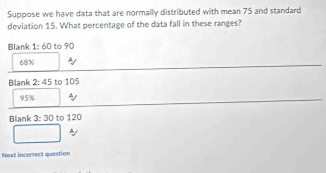 Suppose we have data that are normally distributed with mean 75 and standard 
deviation 15. What percentage of the data fall in these ranges? 
Blank 1:60 to 90
68%
Blank 2:45 to 105
95% A 
Blank 3:30 to 120
Next incorrect question