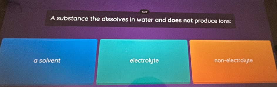 A substance the dissolves in water and does not produce ions:
a solvent electrolyte non-electrolyte