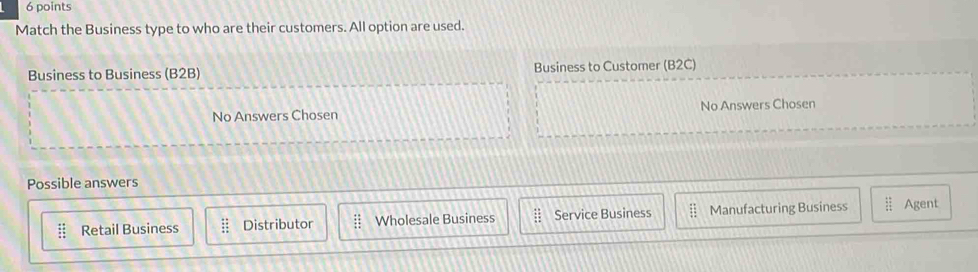 Match the Business type to who are their customers. All option are used.
Business to Business (B2B) Business to Customer (B2C)
No Answers Chosen No Answers Chosen
Possible answers
beginarrayr :: :: ::endarray Retail Business beginarrayr ::5 * 5 * 4 hline 4:endarray Distributor beginarrayr 45 151 frac  Wholesale Business  11/11  Service Business Manufacturing Business Agent