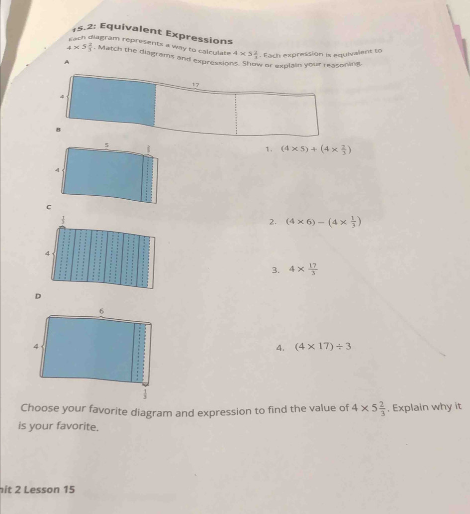 15.2: Équivalent Expressions
iagram represents a way to calculate 4* 5 2/3 . Each expression is equivalent to
4* 5 2/3 . Match the diagrams and expressior  or explain your reasoning.
1. (4* 5)+(4*  2/3 )
2. (4* 6)-(4*  1/3 )
3. 4*  17/3 
4. (4* 17)/ 3
Choose your favorite diagram and expression to find the value of 4* 5 2/3 . Explain why it
is your favorite.
it 2 Lesson 15