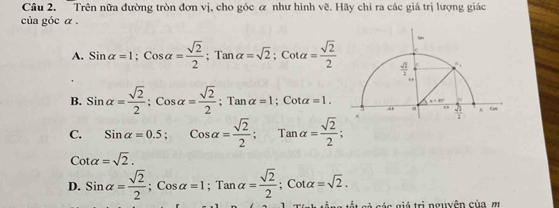 Trên nữa đường tròn đơn vị, cho góc ơ như hình vẽ. Hãy chỉ ra các giá trị lượng giác
của góc α .
A. Sinalpha =1;Cosalpha = sqrt(2)/2 ;Tanalpha =sqrt(2);Cotalpha = sqrt(2)/2 
B. Sinalpha = sqrt(2)/2 ;Cosalpha = sqrt(2)/2 ;Tanalpha =1;Cotalpha =1.
C. Sinalpha =0.5;Cosalpha = sqrt(2)/2 ;Tanalpha = sqrt(2)/2 ;
Cotalpha =sqrt(2).
D. Sinalpha = sqrt(2)/2 ;Cosalpha =1;Tanalpha = sqrt(2)/2 ;Cotalpha =sqrt(2).
cả các giá trị nguyên của m