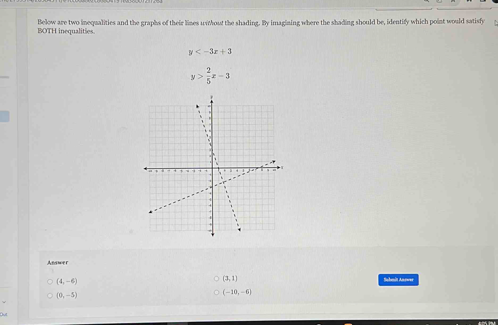 Below are two inequalities and the graphs of their lines without the shading. By imagining where the shading should be, identify which point would satisfy
BOTH inequalities.
y
y> 2/5 x-3
Answer
(4,-6)
(3,1) Submit Answer
(0,-5)
(-10,-6)
Out