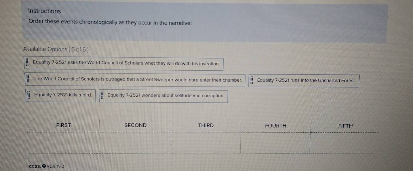 Instructions
Order these events chronologically as they occur in the narrative:
Available Options ( 5 of 5 )
beginarrayr 11 1121. Equality 7-2521 asks the World Council of Scholars what they will do with his invention.
 11/11  The World Council of Scholars is outraged that a Street Sweeper would dare enter their chamber. frac 11 11 11endarray Equality 7-2521 runs into the Uncharted Forest,
Equality 7-2521 kills a bird. Equality 7-2521 wonders about solitude and corruption.
CCSS RL.9-10.2