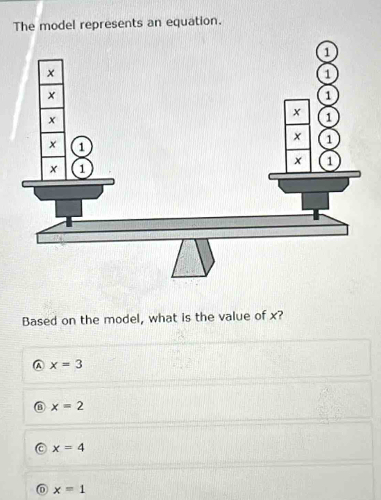 The model represents an equation.
Based on the model, what is the value of x?
A x=3
③ x=2
x=4
0 x=1