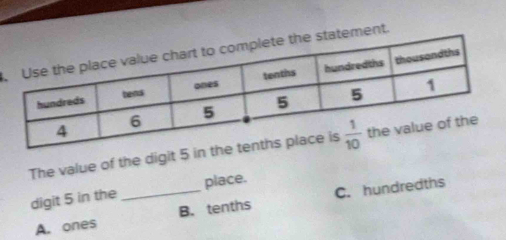 .ement.
The value of the digit 5 in t
digit 5 in the _place.
A. ones B. tenths C. hundredths