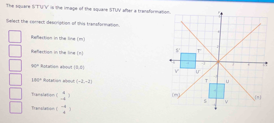 The square S' T’U’V’ is the image of the square STUV after a transformation.
Select the correct description of this transformation.
Reflection in the line (m)
Reflection in the line (n)
90° Rotation about (0,0)
180° Rotation about (-2,-2)
Translation beginpmatrix 4 -4endpmatrix
Translation beginpmatrix -4 4endpmatrix