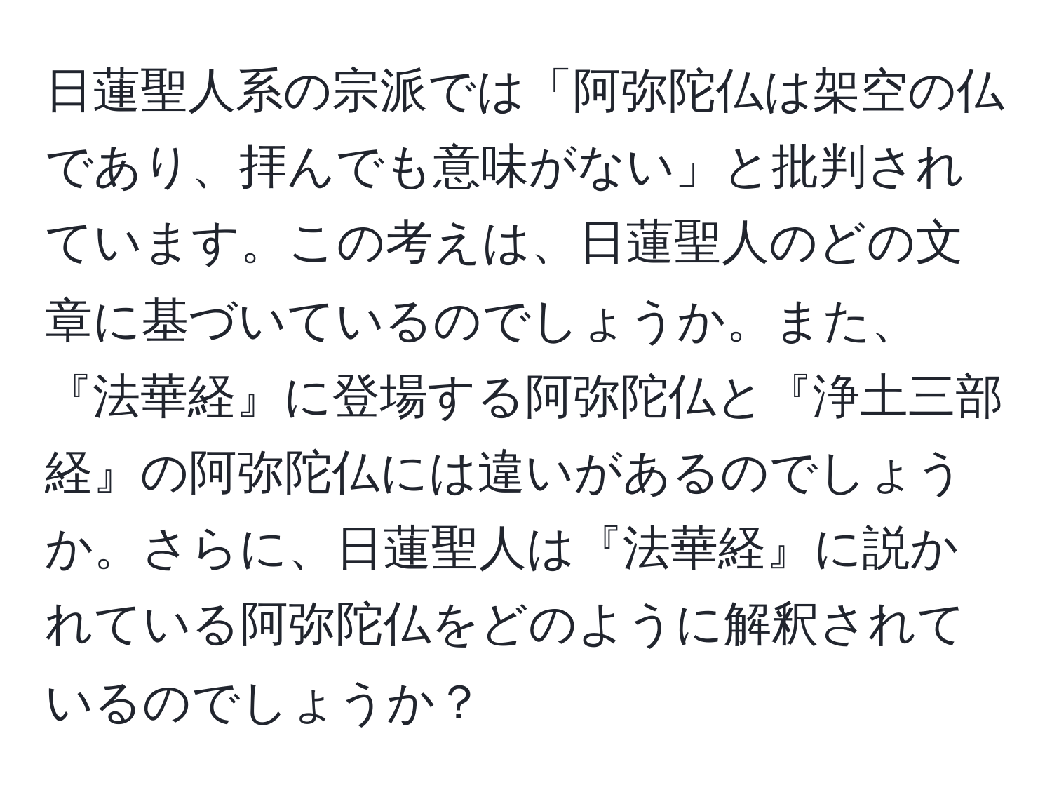 日蓮聖人系の宗派では「阿弥陀仏は架空の仏であり、拝んでも意味がない」と批判されています。この考えは、日蓮聖人のどの文章に基づいているのでしょうか。また、『法華経』に登場する阿弥陀仏と『浄土三部経』の阿弥陀仏には違いがあるのでしょうか。さらに、日蓮聖人は『法華経』に説かれている阿弥陀仏をどのように解釈されているのでしょうか？