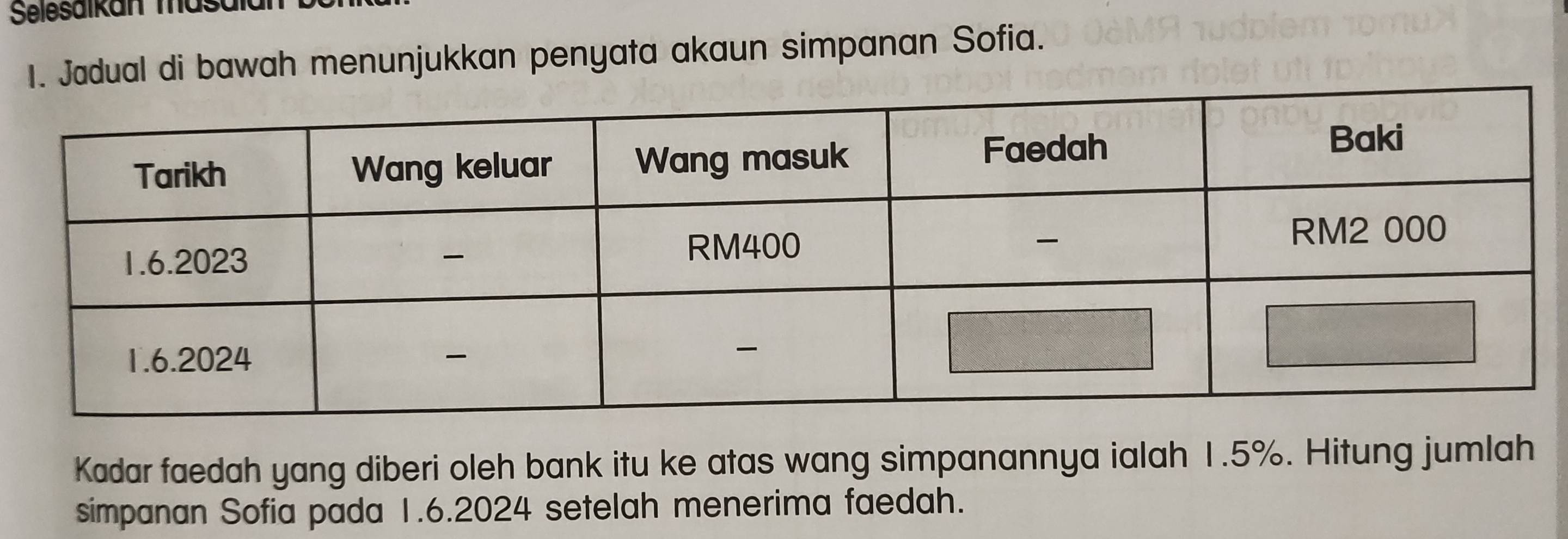 Selesaikan masalán 
1. Jadual di bawah menunjukkan penyata akaun simpanan Sofia. 
Kadar faedah yang diberi oleh bank itu ke atas wang simpanannya ialah 1.5%. Hitung jumlah 
simpanan Sofia pada 1.6.2024 setelah menerima faedah.