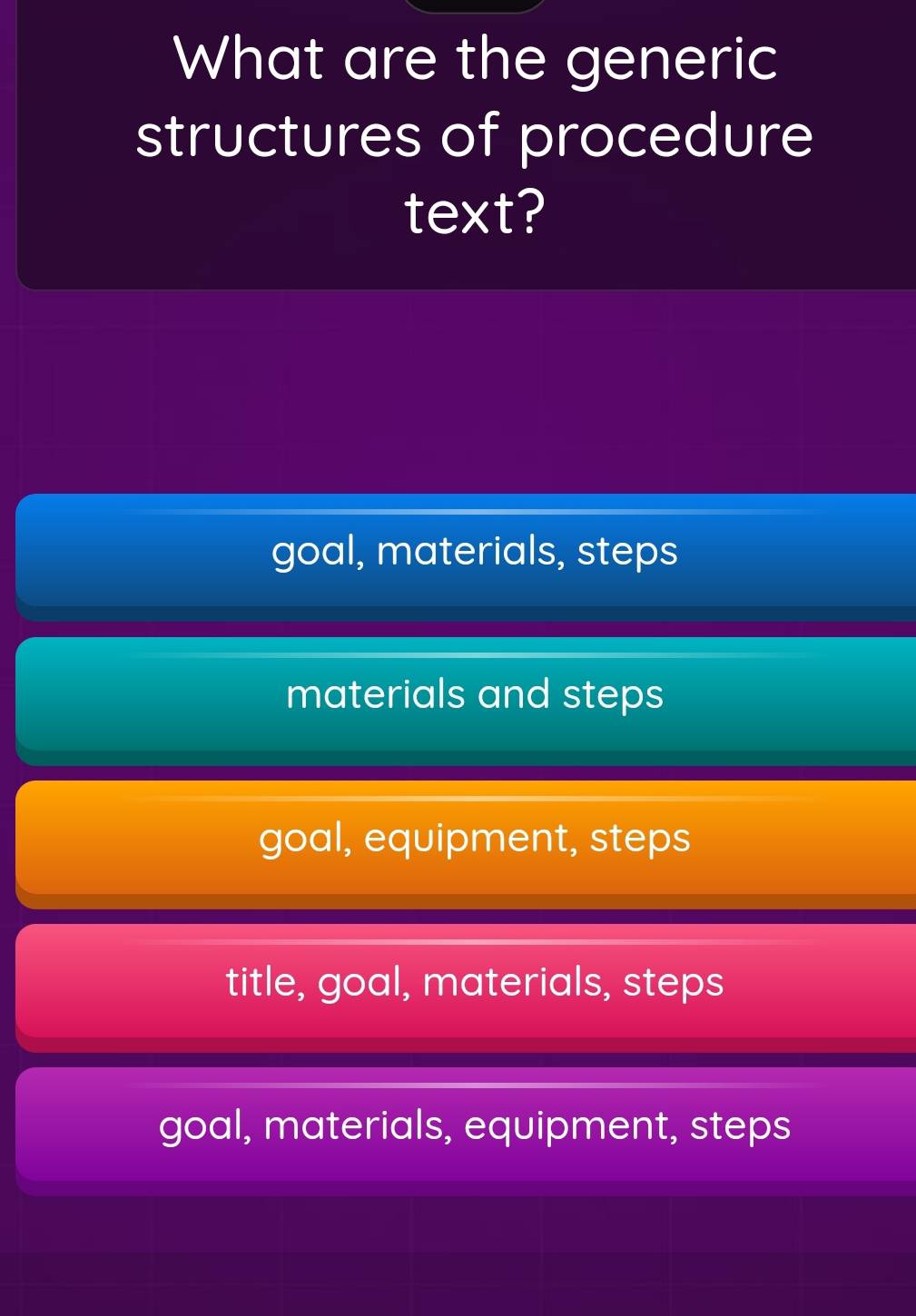 What are the generic
structures of procedure
text?
goal, materials, steps
materials and steps
goal, equipment, steps
title, goal, materials, steps
goal, materials, equipment, steps