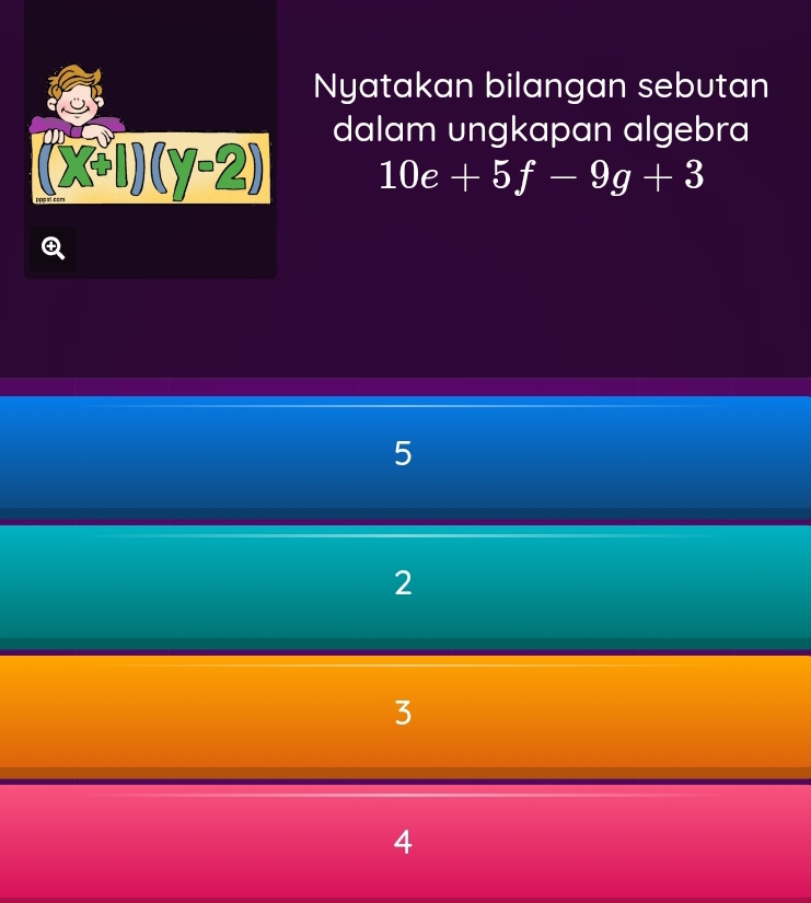 Nyatakan bilangan sebutan
dalam ungkapan algebra
(23Uendpmatrix beginpmatrix y=2) 10e+5f-9g+3
5
2
3
4