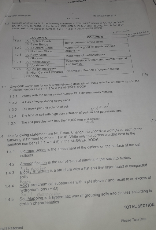 gricultural SciencesP 5 MDE/Navember 2023 
FFT.Grade 11 
1.2 Indicate whether each of the following statement in COLUMN B relates to A ONLY. B ONLY. 
BOTH A AND B, NONE of the items in COLUMN A Write A Only. B Only, Both A And B Or 
None next to the question number (1 2 1 - 125) in the ANSWER BOOK 
10) 
1.3 Give ONE word/term for each of the following descriptions. Write only the word/term next to the 
question number (1.3.1 - 1.3.5) in the ANSWER BOOK 
1.3.1 Atoms with the same atomic number BUT different mass number 
1.3.2 A loss of water during heavy rains 
1.3 3 The mass per unit volume of soil 
1.3.4 The type of soil with high concentration of sodium and potassium ions 
1.3 5 The soil particles with less than 0.002 mm in diameter 
(10 
4 The following statement are NOT true. Change the underline word(s) in, each of the 
following statement to make it TRUE. Write only the correct word(s) next to the 
question number (1.4.1 - 1.4.5) in the ANSWER BOOK 
1.4.1 Liotrope Series is the attachment of the cations on the surface of the soil 
colloids 
1.4.2 Ammonification is the conversion of nitrates in the soil into nitrites 
1.4.3 Blocky Structure is a structure with a flat and thin layer found in compacted 
soils 
1.4.4 Acids are chemical substances with a pH above 7 and result to an excess of 
hydronium ions (H_3O
1.4.5 Soil Mapping is a systematic way of grouping soils into classes according to 
certain characteristics 
TOTAL SECTION 
Please Turn Over 
right Reserved