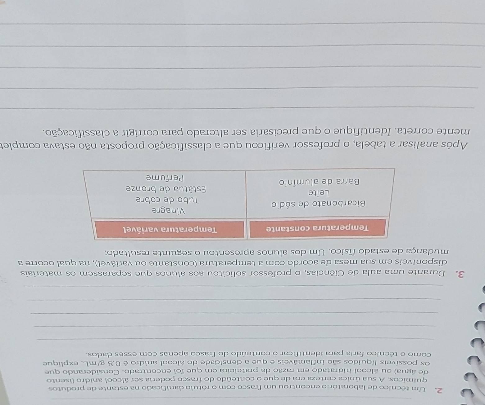 Um técnico de laboratório encontrou um frasco com o rótulo danificado na estante de produtos 
químicos. A sua única certeza era de que o conteúdo do frasco poderia ser álcool anidro (isento 
de água) ou álcool hidratado em razão da prateleira em que foi encontrado. Considerando que 
os possíveis líquidos são inflamáveis e que a densidade do álcool anidro é 0,8 g/mL, explique 
como o técnico faria para identificar o conteúdo do frasco apenas com esses dados. 
_ 
_ 
_ 
_ 
_ 
3. Durante uma aula de Ciências, o professor solicitou aos alunos que separassem os materiais 
disponíveis em sua mesa de acordo com a temperatura (constante ou variável), na qual ocorre a 
mudança de estado físico. Um dos alunos apresentou o seguinte resultado: 
Após analisar a tabela, o professor verificou que a classificação proposta não estava complet 
mente correta. Identifique o que precisaria ser alterado para corrigir a classificação. 
_ 
_ 
_ 
_ 
_