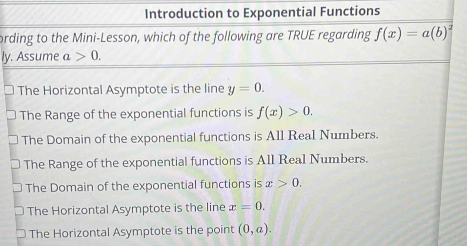 Solved: Introduction to Exponential Functions ording to the Mini-Lesson ...