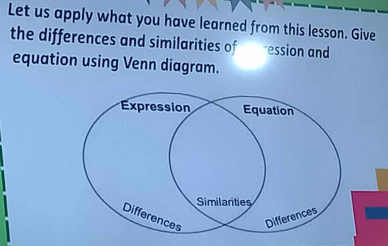 Let us apply what you have learned from this lesson. Give 
the differences and similarities of ression and 
equation using Venn diagram.