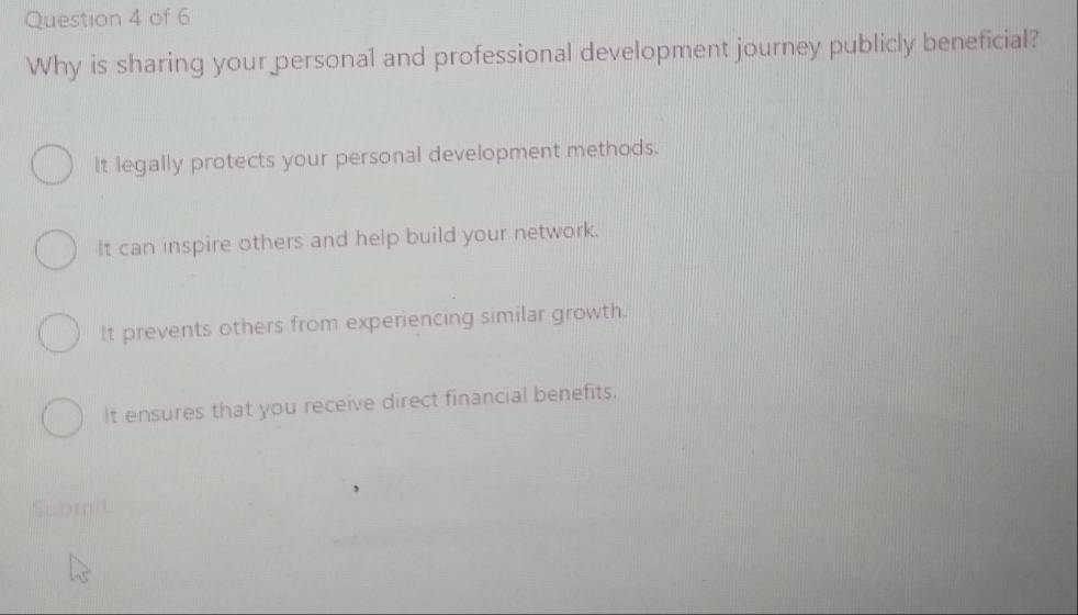 Why is sharing your personal and professional development journey publicly beneficial?
It legally protects your personal development methods.
It can inspire others and help build your network.
It prevents others from experiencing similar growth.
It ensures that you receive direct financial benefits.
Submit