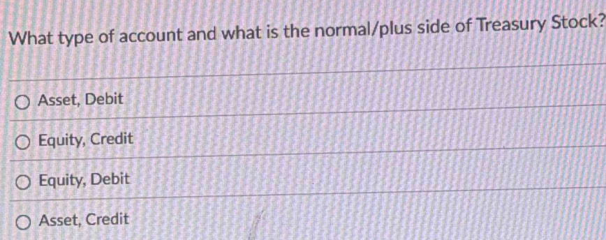 What type of account and what is the normal/plus side of Treasury Stock?
Asset, Debit
Equity, Credit
Equity, Debit
Asset, Credit