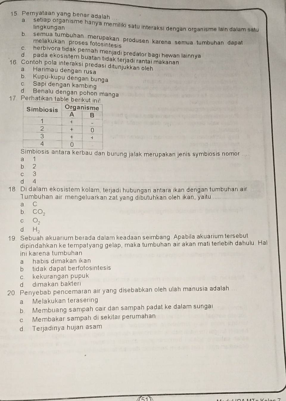 Pernyataan yang benar adalah
a setiap organisme hanya memiliki satu interaksi dengan organisme lain dalam satu
lingkungan
b. semua tumbuhan merupakan produsen karena semua tumbuhan dapat
melakukan proses fotosintesis
c. herbivora tidak pernah menjadi predator bagi hewan lainnya
d pada ekosistem buatan tidak terjadi rantai makanan
16. Contoh pola interaksi predasi ditunjukkan oleh
a Harimau dengan rusa
b. Kupu-kupu dengan bunga
c Sapi dengan kambing
d Benalu dengan pohon manga
17. Perhatikan table berikut in
mbiosis antara kerbau dan burung jalak merupakan jenis symbiosis nomor
a 1
b 2
c 3
d 4
18 Di dalam ekosistem kolam, terjadi hubungan antara ikan dengan tumbuhan air
Tumbuhan air mengeluarkan zat yang dibutuhkan oleh ikan, yaitu
a C
b. CO_2
C O_2
d H_2
19. Sebuah akuarium berada dalam keadaan seimbang. Apabila akuarium tersebut
dipindahkan ke tempatyang gelap, maka tumbuhan air akan mati terlebih dahulu. Hal
ini karena tumbuhan
a habis dimakan ikan
b tidak dapal berfotosintesis
c. kekurangan pupuk
d dimakan bakler
20. Penyebab pencemaran air yang disebabkan oleh ulah manusia adalah
a  Melakukan teraserin
b. Membuang sampah cair dan sampah padat ke dalam sunga
c Membakar sampah di sekilar perumahan
d Terjadinya hujan asam