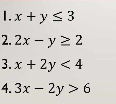 x+y≤ 3
2. 2x-y≥ 2
3. x+2y<4</tex> 
4. 3x-2y>6