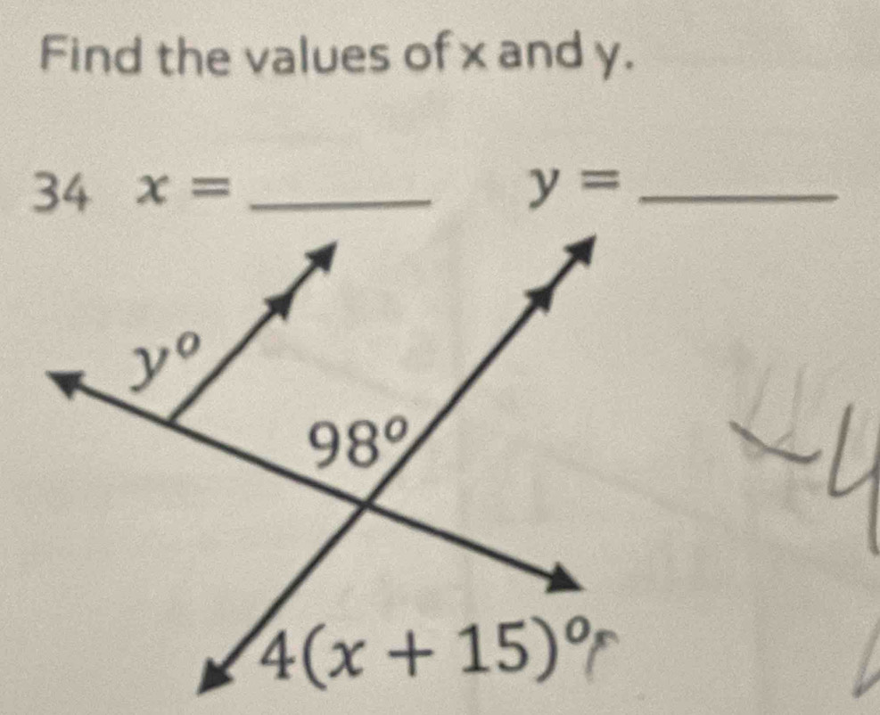 Find the values of x and y.
34 x= y= _