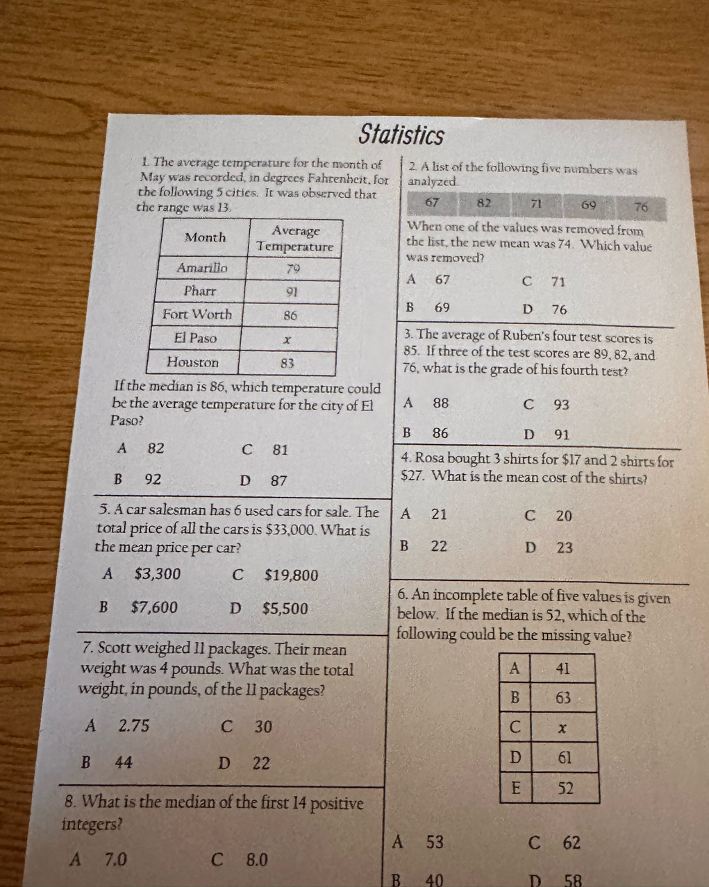 Statistics
1. The average temperature for the month of 2. A list of the following five numbers was
May was recorded, in degrees Fahrenheit, for analyzed
the following 5 cities. It was observed that 67 82 71 69
the range was 13. 76
When one of the values was removed from
the list, the new mean was 74. Which value
was removed?
A 67 C 71
B 69 D₹ 76
3. The average of Ruben's four test scores is
85. If three of the test scores are 89, 82, and
76, what is the grade of his fourth test?
If the median is 86, which temperature could
be the average temperature for the city of El A 88 C 93
Paso?
B 86 D 91
A 82 C 81 4. Rosa bought 3 shirts for $17 and 2 shirts for
B 92 D 87 $27. What is the mean cost of the shirts?
5. A car salesman has 6 used cars for sale. The A 21
C 20
total price of all the cars is $33,000. What is
the mean price per car? B 22 D 23
A $3,300 C $19,800
6. An incomplete table of five values is given
B $7,600 D $5,500 below. If the median is 52, which of the
following could be the missing value?
7. Scott weighed 11 packages. Their mean
weight was 4 pounds. What was the total 
weight, in pounds, of the 11 packages?
A 2.75 C 30
B 44 D 22
8. What is the median of the first 14 positive
integers?
A 53 C 62
A 7.0 C 8.0
B 40 D 58