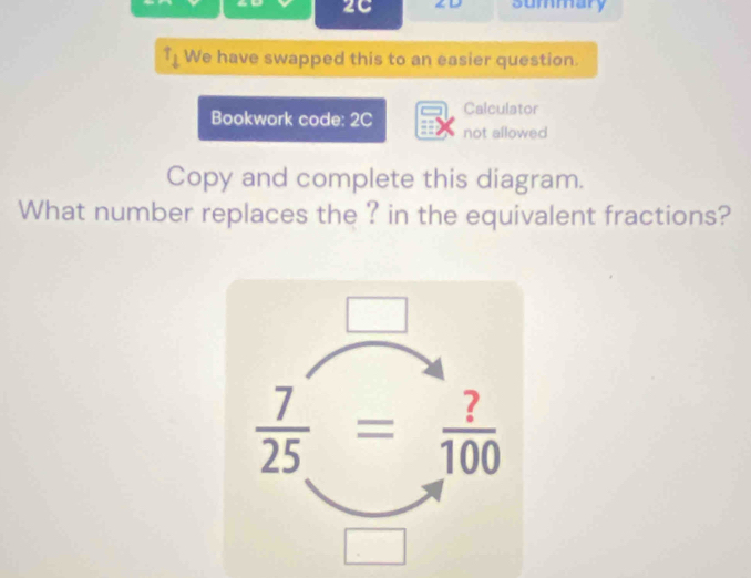 2C summary
T_1 We have swapped this to an easier question.
Bookwork code: 2C Calculator
not allowed
Copy and complete this diagram.
What number replaces the ? in the equivalent fractions?