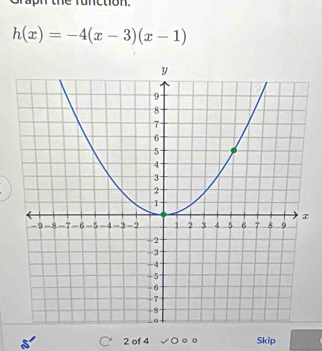 netion.
h(x)=-4(x-3)(x-1)
2 of 4 Skip