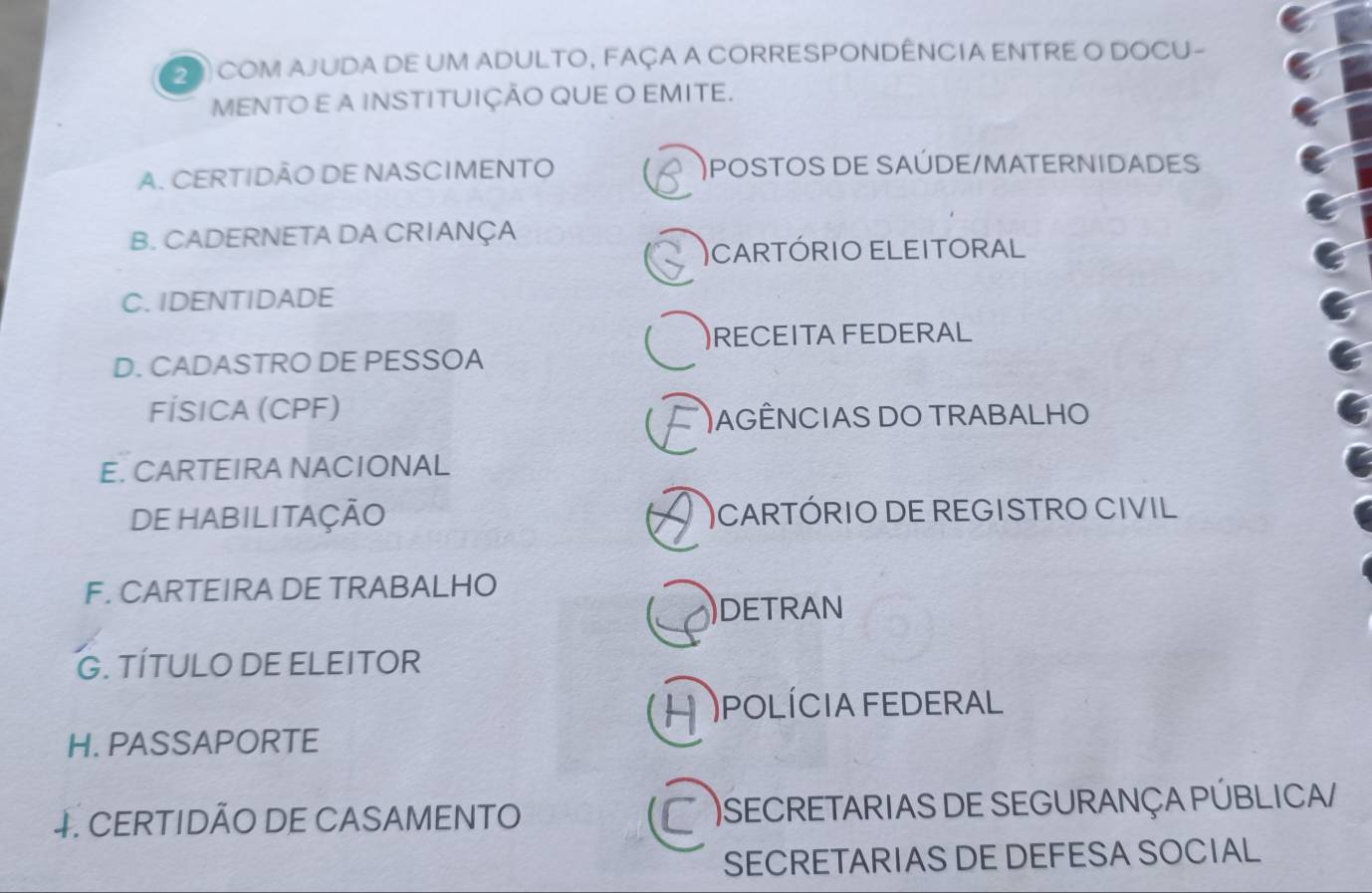 COM AJUDA DE UM ADULTO, FAÇA A CORRESPONDÊNCIA ENTRE O DOCU-
MENTO E A INSTITUIÇÃO QUE O EMITE.
A. CERTIDÃO DE NASCIMENTO )postos de saúde/maternidade
B. CADERNETA DA CRIANÇA
)cartório eleItoral
C. IDENTIDADE
)RECEITA FEDERAL
D. CADASTRO DE PESSOA
FÍSICA (CPF)
)AGÊNCIAS DO TRABALHO
E. CARTEIRA NACIONAL
DE HABILITAÇÃO )cartórIo DE reGISTro cIvil
F. CARTEIRA DE TRABALHO
)DETRAN
G. TÍTULO DE ELEITOR
)polícia federal
H. PASSAPORTE
4. CERTIDÃO DE CASAMENTO )SECRETARIAS DE SEGURANÇA PÚBLICA/
SECRETARIAS DE DEFESA SOCIAL