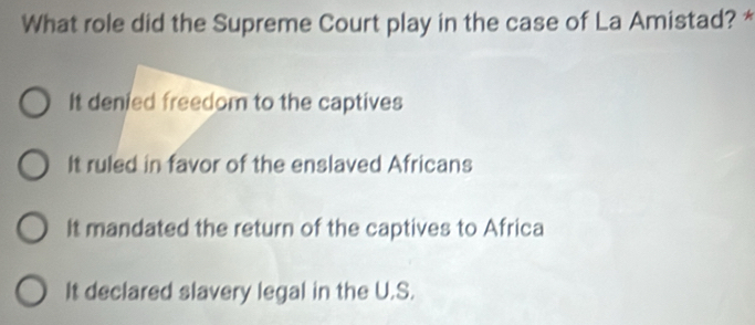 What role did the Supreme Court play in the case of La Amistad? *
It denied freedom to the captives
It ruled in favor of the enslaved Africans
It mandated the return of the captives to Africa
It declared slavery legal in the U.S.