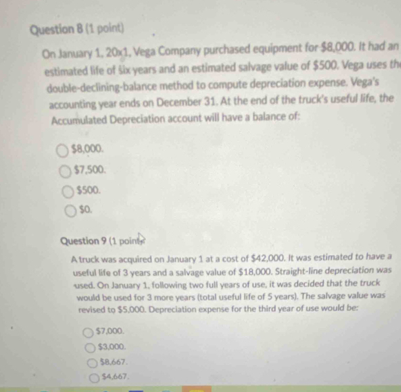 On January 1, 20x1, Vega Company purchased equipment for $8,000. It had an
estimated life of šix years and an estimated salvage value of $500. Vega uses th
double-declining-balance method to compute depreciation expense. Vega's
accounting year ends on December 31. At the end of the truck's useful life, the
Accumulated Depreciation account will have a balance of:
$8,000.
$7,500.
$500.
$0.
Question 9 (1 point
A truck was acquired on January 1 at a cost of $42,000. It was estimated to have a
useful life of 3 years and a salvage value of $18,000. Straight-line depreciation was
used. On January 1, following two full years of use, it was decided that the truck
would be used for 3 more years (total useful life of 5 years). The salvage value was
revised to $5,000. Depreciation expense for the third year of use would be:
$7,000.
$3,000.
$8,667.
$4,667.