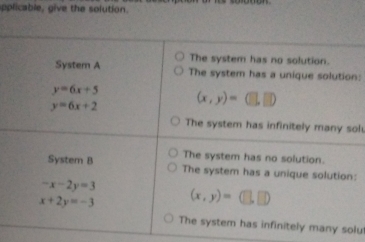 pplicable, give the solution.
The system has no solution.
System A The system has a unique solution:
y=6x+5
y=6x+2 (x,y)=
The system has infinitely many sol.
The system has no solution.
System B The system has a unique solution:
-x-2y=3
x+2y=-3 (x,y)= 1:1 
The system has infinitely many solu