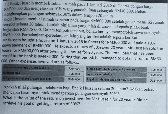 Encik Hussein membeli sebuah rumah pada 1 Januari 2015 di Cheras dengan harga
RM300 000 dan menjelaskan 10% wang pendahuluan sebanyak RM30 000. Beliau 
mengharapkan pulangan sebanyak 30% dalam tempoh 20 tahun. 
Encik Hussein menjual rumah tersebut pada harga RM600 000 setelah genap memiliki rumah 
tersebut selama 20 tahun. Jumlah pinjaman yang telah dilunaskan kepada pihak bank 
berjumlah RM475 000. Dalam tempoh tersebut, beliau berjaya memperoleh sewa sebanyak
RM60 000. Perbelanjaan-perbelanjaan lain yang terlibat adalah seperti berikut: 
Mr Hussein bought a house on 1 January 2015 in Cheras for RM300 000 and paid a 10%
down payment of RM30 000. He expects a return of 30% over 20 years. Mr. Hussein sold the 
house for RM600,000 after owning the house for 20 years. The total loan that has been 
repaid to the bank is RM475 000. During that period, he managed to obtain a rent of RM60
000. Other expenses involved are as follows: 
Apakah nilai pulangan pelaburan bagi Encik Hussein selama 20 tahun? Adakah beliau 
mencapai hasratnya untuk mendapatkan pulangan sebanyak 30%? 
What is the value of the return on investment for Mr Hussein for 20 years? Did he 
achieve his goal of getting a return of 30%?