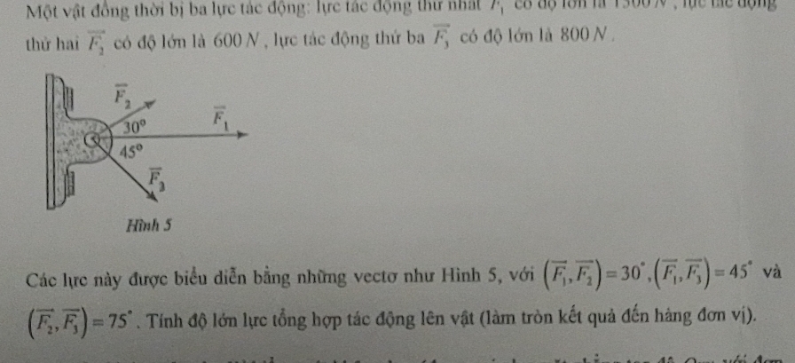 Một vật đồng thời bị ba lực tác động: lực tác động thư nhất F_1 có độ lớn la 1300 N , lực tác động
thử hai vector F_2 có độ lớn là 600 N, lực tác động thứ ba vector F_3 có độ lớn là 800 N .
Các lực này được biểu diễn bằng những vectơ như Hình 5, với (vector F_1,overline F_2)=30°,(overline F_1,overline F_3)=45° và
(overline F_2,overline F_3)=75°. Tính độ lớn lực tổng hợp tác động lên vật (làm tròn kết quả đến hàng đơn vị).