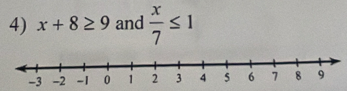 x+8≥ 9 and  x/7 ≤ 1