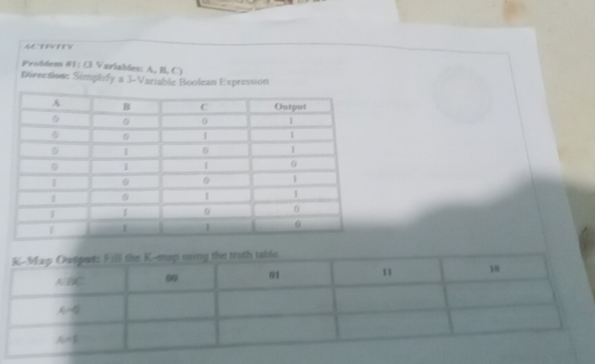 A4¨ESV88V 
Problem #1: (3 Variables: A, B, C) 
Directions Simphify a 3 -Variable Boolean Expression