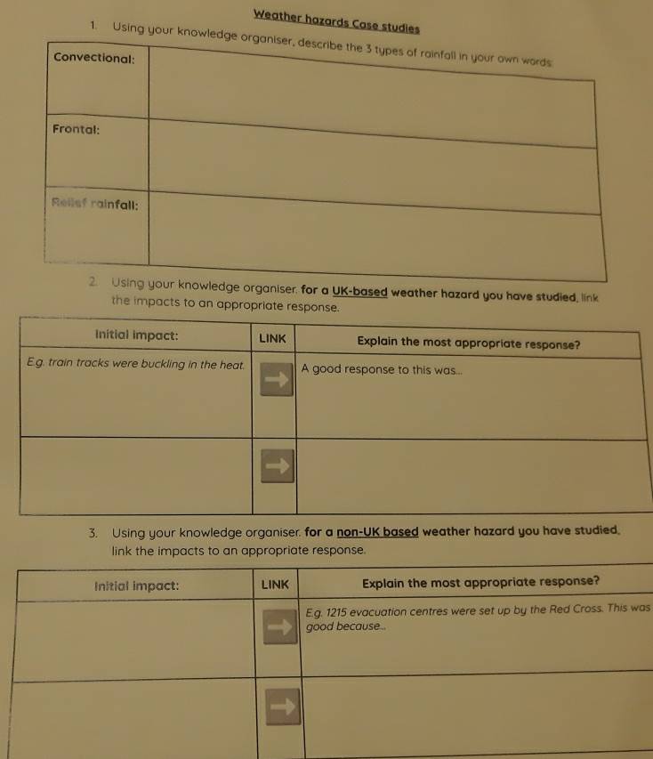 Weather hazards Case studies 
1. Using you 
r a UK-based weather hazard you have studied, link 
the impacts to an appropriate response. 
3. Using your knowledge organiser. for a non-UK based weather hazard you have studied. 
link the impacts to an appropriate response. 
as