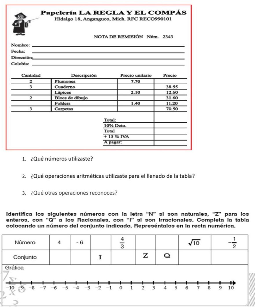 ¿Qué operaciones aritméticas utilizaste para el llenado de la tabla?
3. ¿Qué otras operaciones reconoces?
Identifica los siguientes números con la letra “N” si son naturales, “Z” para los
enteros, con “Q” a los Racionales, con “I” si son Irracionales. Completa la tabla
colocando un número del conjunto indicado. Represéntalos en la recta numérica.
-10 -9 -8 -7 -6 -5 -4 -3 -2 -1 0 1 2 3 4 5 6 7 8 9 10