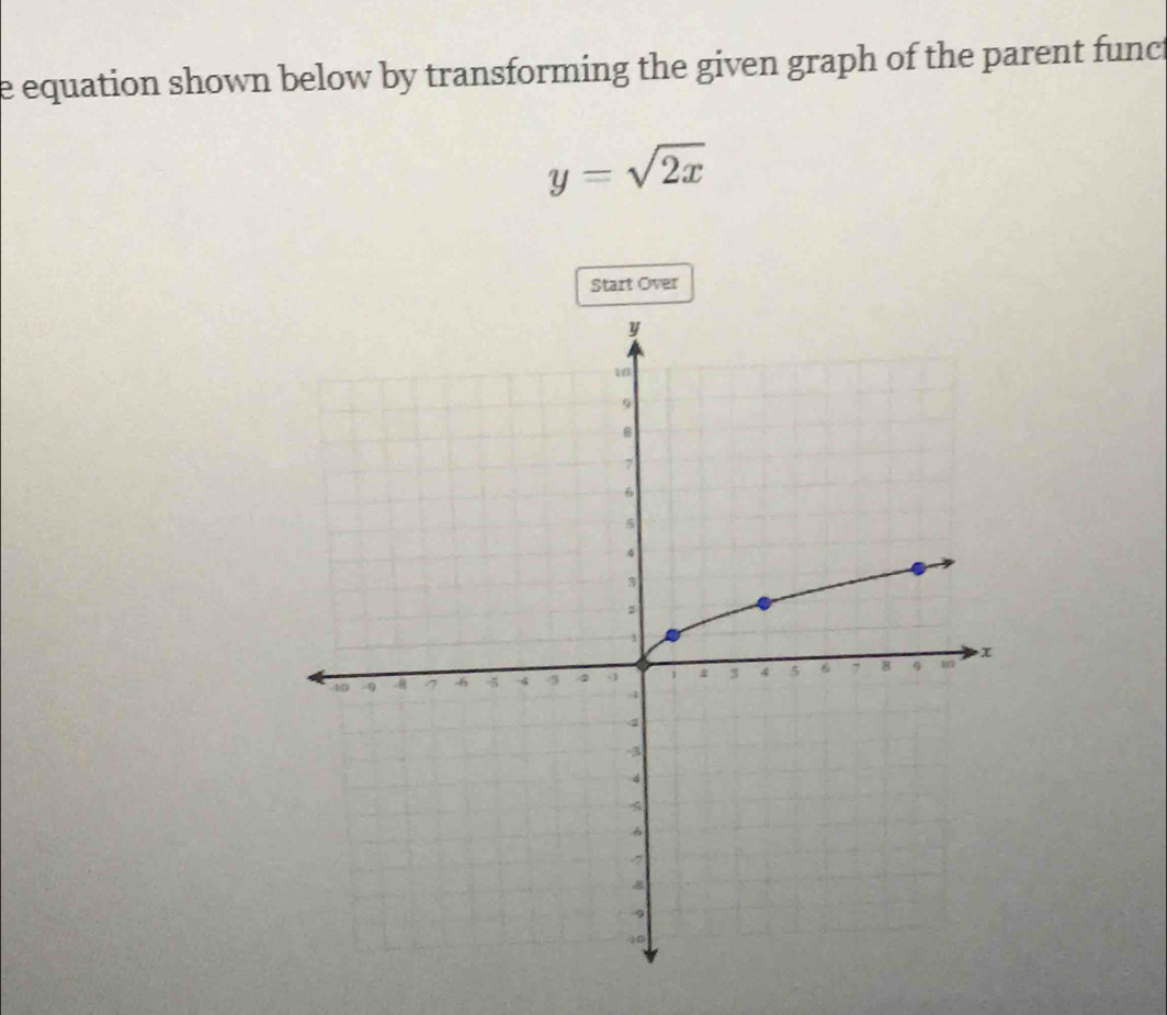 equation shown below by transforming the given graph of the parent funct
y=sqrt(2x)
Start Over