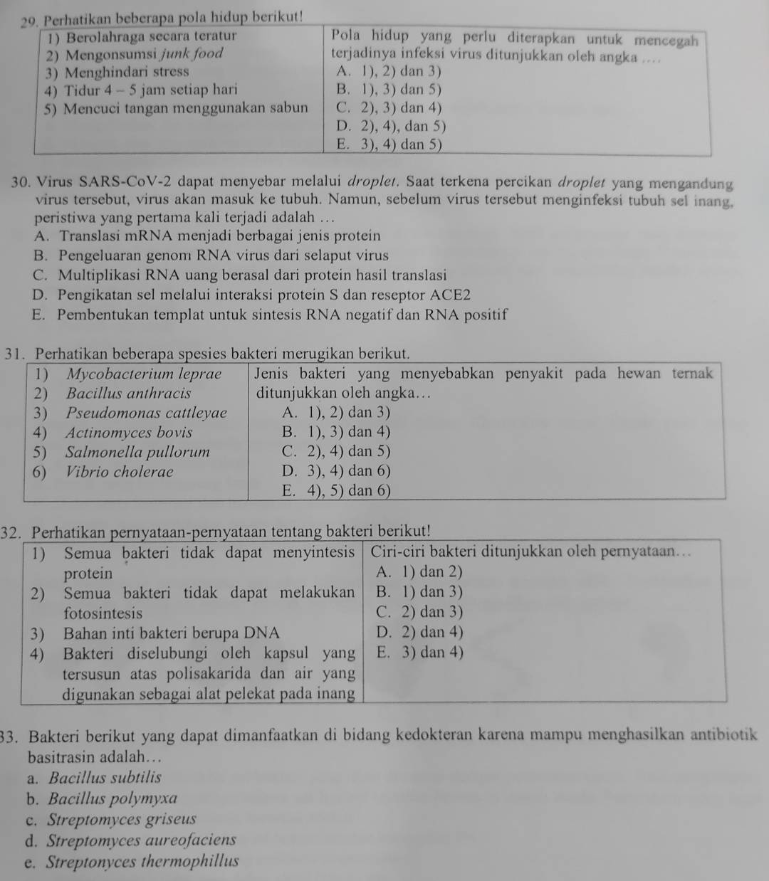 Virus SARS-CoV-2 dapat menyebar melalui droplet. Saat terkena percikan droplet yang mengandung
virus tersebut, virus akan masuk ke tubuh. Namun, sebelum virus tersebut menginfeksi tubuh sel inang,
peristiwa yang pertama kali terjadi adalah .
A. Translasi mRNA menjadi berbagai jenis protein
B. Pengeluaran genom RNA virus dari selaput virus
C. Multiplikasi RNA uang berasal dari protein hasil translasi
D. Pengikatan sel melalui interaksi protein S dan reseptor ACE2
E. Pembentukan templat untuk sintesis RNA negatif dan RNA positif
3
3
33. Bakteri berikut yang dapat dimanfaatkan di bidang kedokteran karena mampu menghasilkan antibiotik
basitrasin adalah…
a. Bacillus subtilis
b. Bacillus polymyxa
c. Streptomyces griseus
d. Streptomyces aureofaciens
e. Streptonyces thermophillus