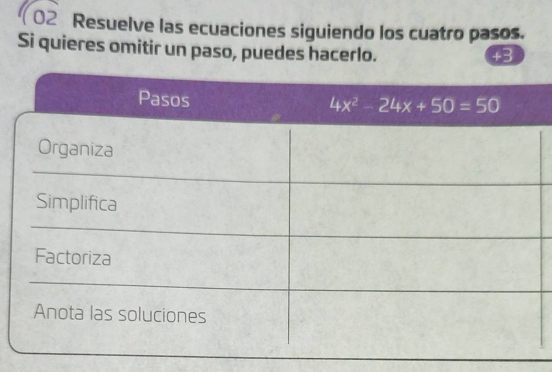 widehat CO Resuelve las ecuaciones siguiendo los cuatro pasos.
Si quieres omitir un paso, puedes hacerlo.
+3