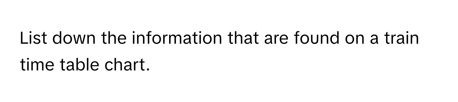 List down the information that are found on a train time table chart.​